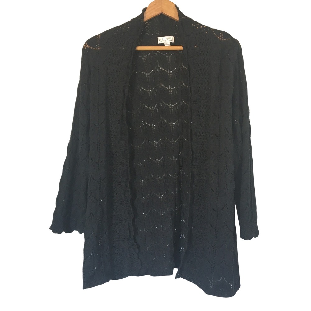 Kim Rogers Black‎ Crochet Knit Open Front Cardigan Sweater XL